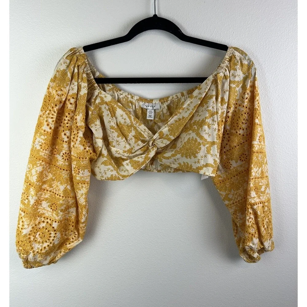 Topshop Women Crop Top Yellow Floral Long‎ Sleeve V Neck Blouse Size 4 Eyelet